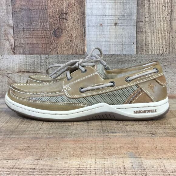 Margaritaville Boat Shoes Mens 10 Tan Leather Anchor Lace‎ Up - Picture 5 of 13